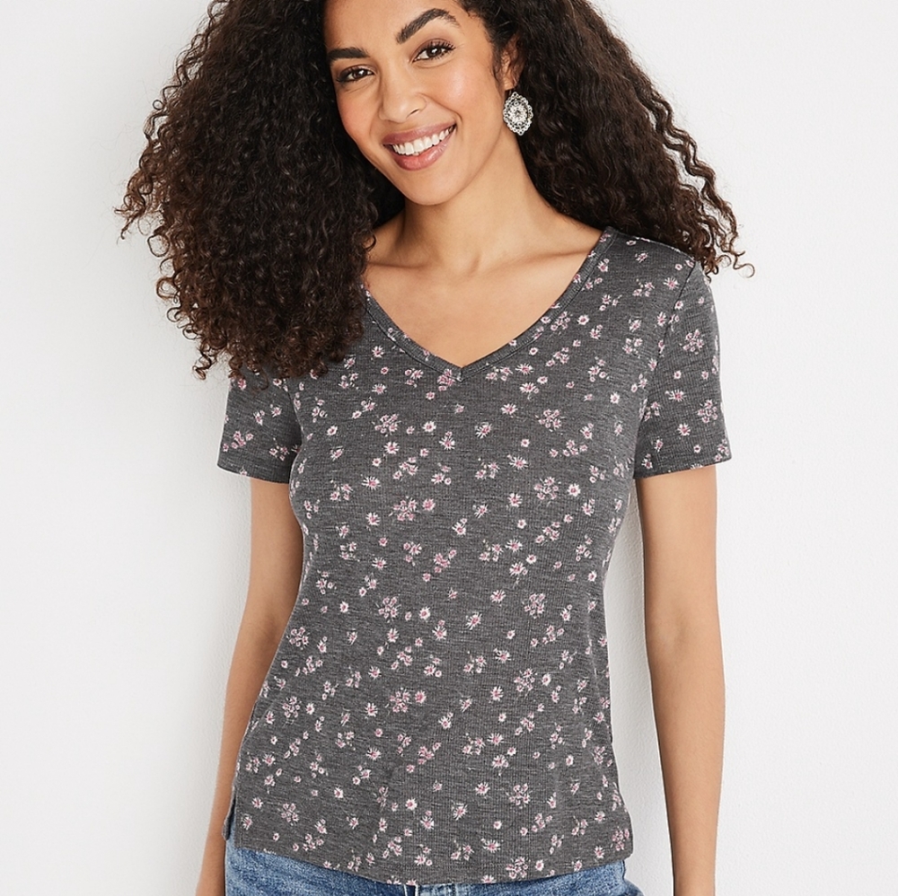 Maurices 24/7 Flawless Floral Rib V Neck Tuck In Tee